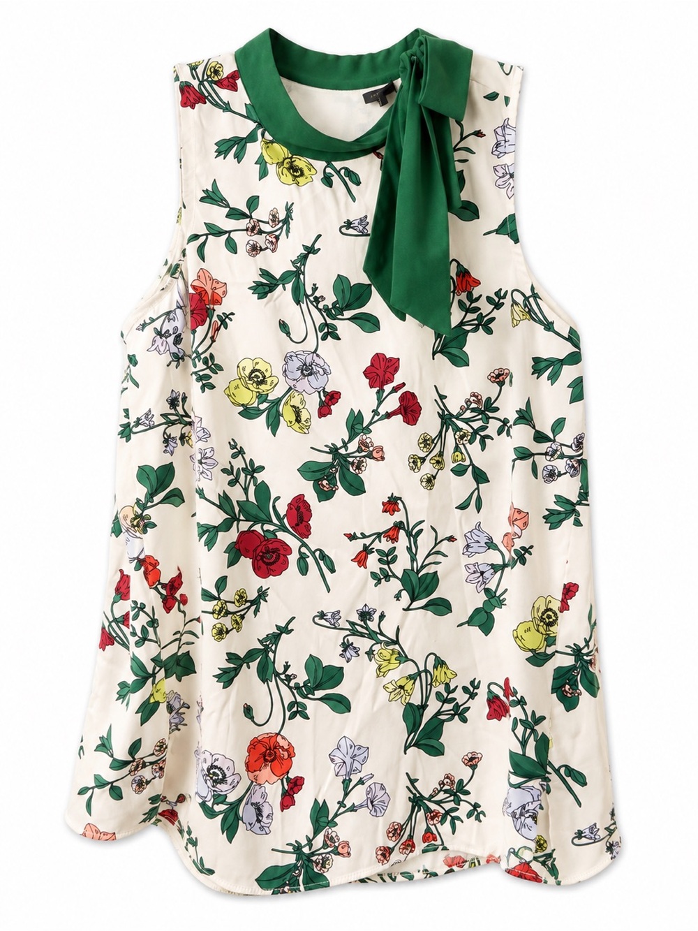 Ann Taylor Cream Floral Sleeveless Top with Green Neck Tie